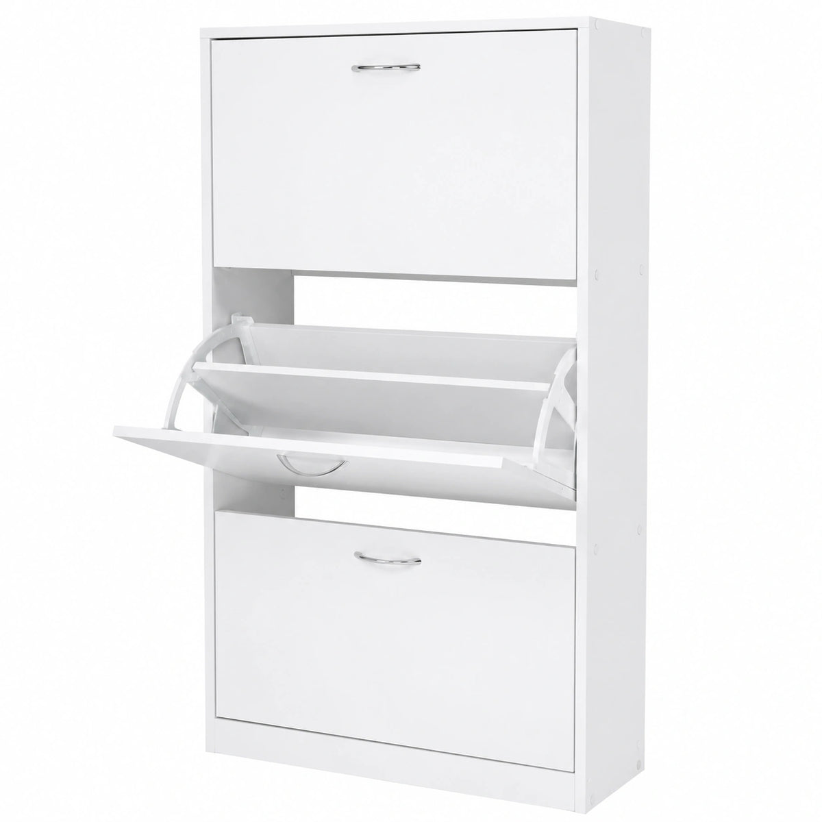 Moderner Schuhschrank mit 3 Klappen, Platz für 12-18 Paar Schuhe, Weiß, 63 x 24 x 120 cm