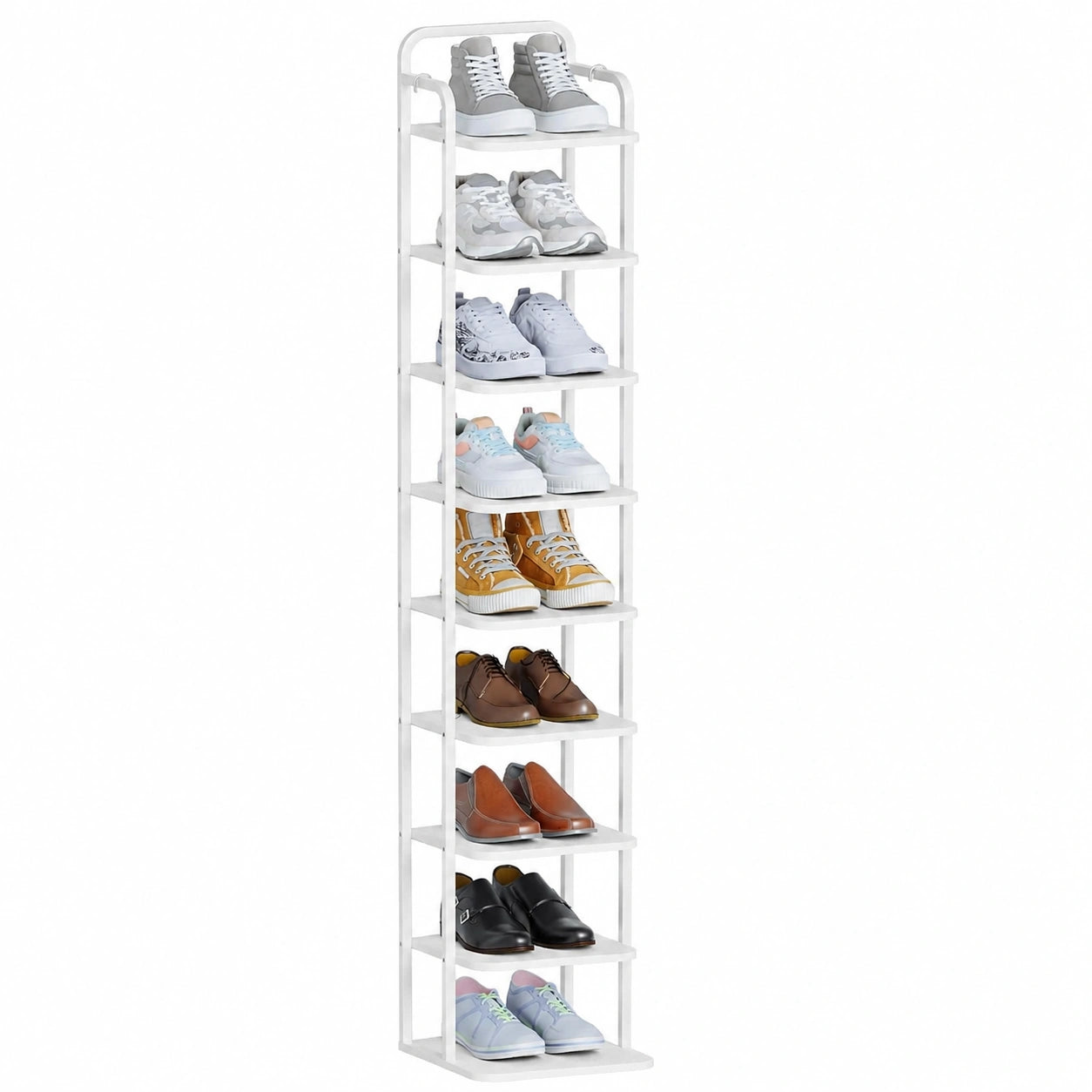 Platzsparendes 10-stöckiges Schuhregal, verstellbar und freistehend, für kleine Räume, weiß