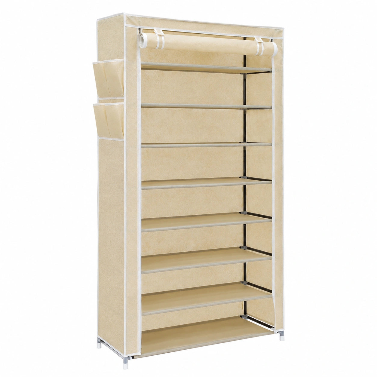 Relaxdays Schuhschrank mit 10 Ebenen, 161 cm Höhe, Stoffbezug, Reißverschluss, bis zu 45 Paar Schuhe, Beige