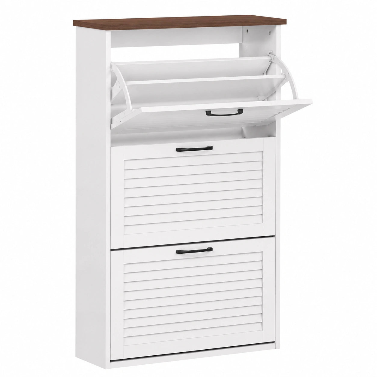 Eleganter Schuhschrank mit Metallgriffen, 3 Türen, Weiß, 122x62x65 cm
