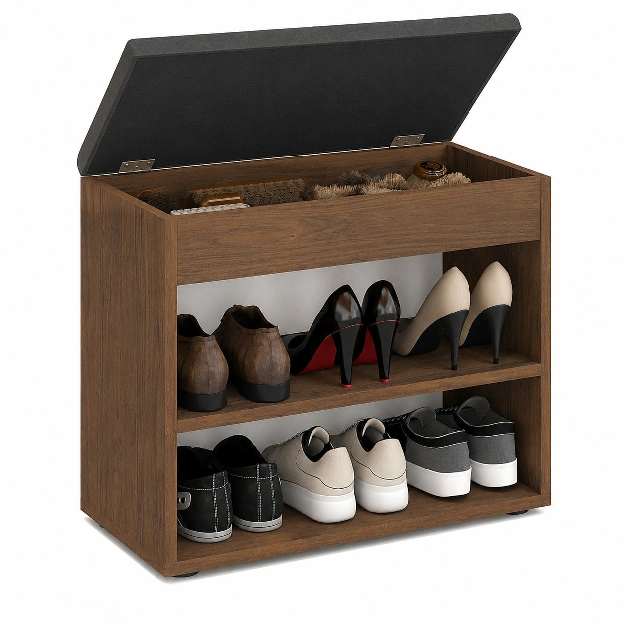 KOMTO Schuhbank mit Polsterung – Kompaktes Schuhregal aus Nussbaum, 60 x 48 x 32 cm, Sitzbank für Flur und Garderobe, Modell Sofia