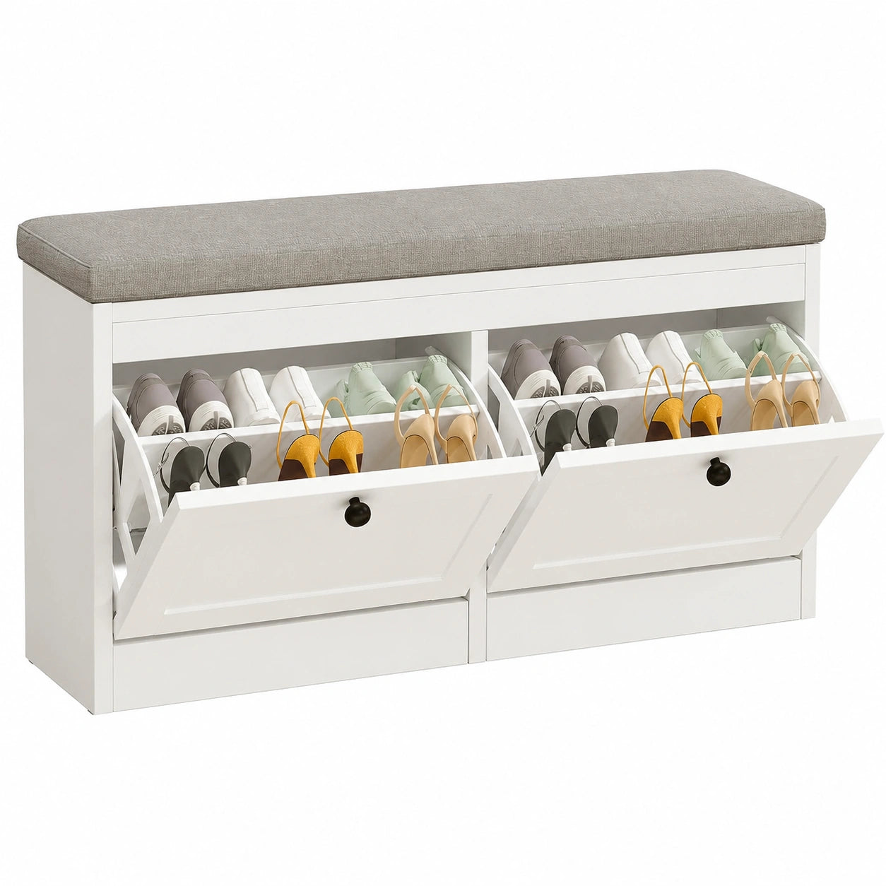 VOWNER Weißer Schuhschrank mit verstellbarer Sitzbank und 2 Klappen, 106 x 31 x 52 cm