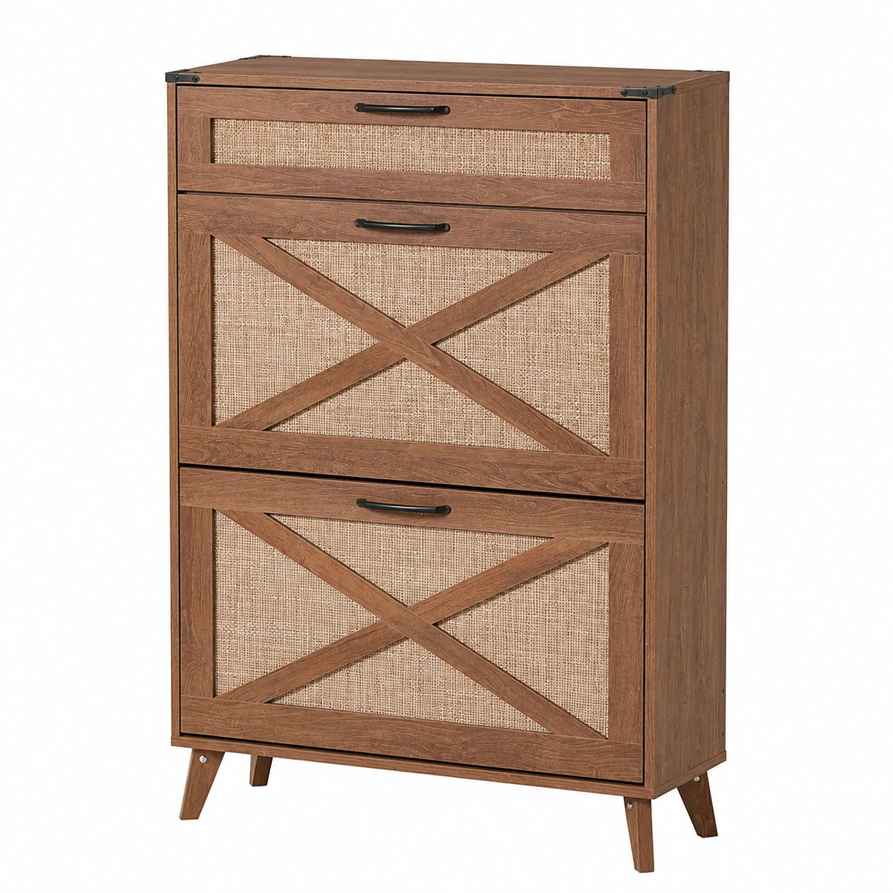Moderner Schuhschrank mit Rattan-Klappfächern für 16-20 Paar Schuhe, Boho-Design, Teefarben