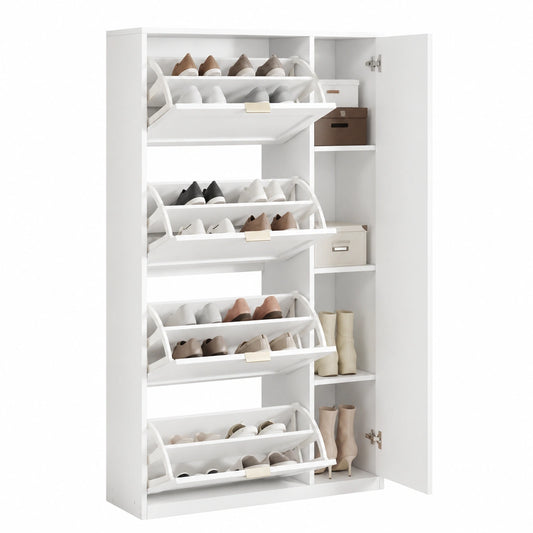 Moderner Schuhschrank mit Spiegel und 4 Klappen, passend für 8-16 Paar Schuhe, Schuhkommode für Flur und Wohnzimmer, 80x24x147cm