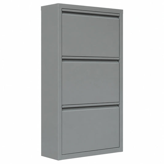 WOLTU Schuhschrank mit 3 Klappen, Metall Schuhregal für 9 Paar Schuhe, platzsparend für Flur und Wohnzimmer, 50x106x15 cm, Hellgrau