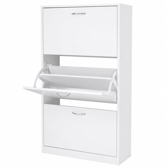 Moderner Schuhschrank mit 3 Klappen, Platz für 12-18 Paar Schuhe, Weiß, 63 x 24 x 120 cm