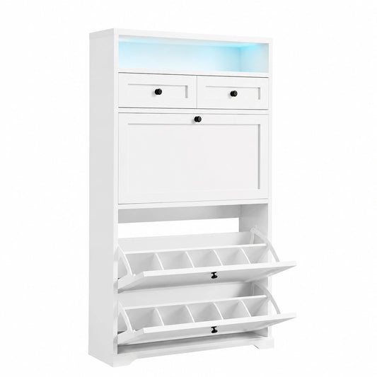 Kompakter Schuhschrank mit LED und 3 Klappen, Anpassbare Fächer, Weiß