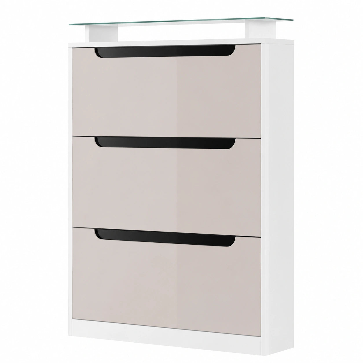 Vladon Schuhschrank mit 3 Klappen, für 24 Paar, Glasablage, Weiß/Sandgrau/Schwarz