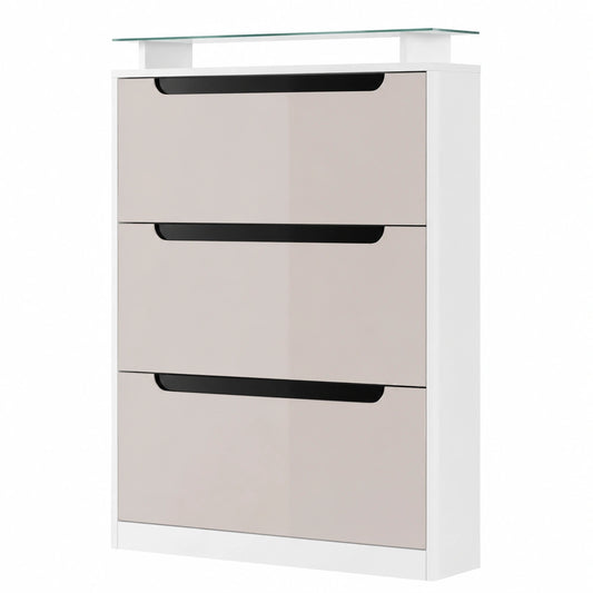Vladon Schuhschrank mit 3 Klappen, für 24 Paar, Glasablage, Weiß/Sandgrau/Schwarz