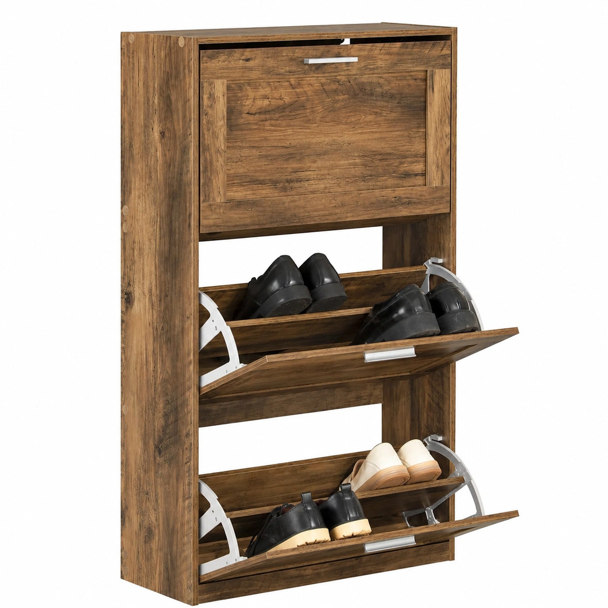 Schmaler Schuhschrank mit 3 Klappen, platzsparend, höhenverstellbare Fächer, Vintage-Stil, 25kg Traglast, 60x115x23cm