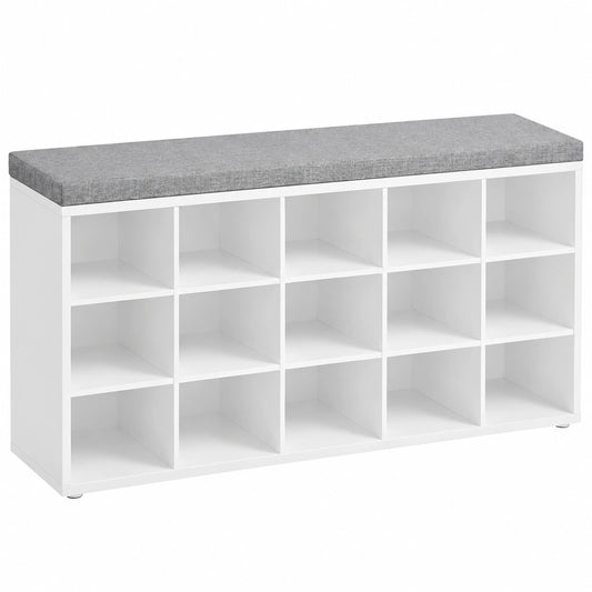 VASAGLE Schuhbank mit Kissen, 15 Fächer, platzsparend, Flur und Wohnzimmer, 105 x 48 x 30 cm, Weiß-Grau