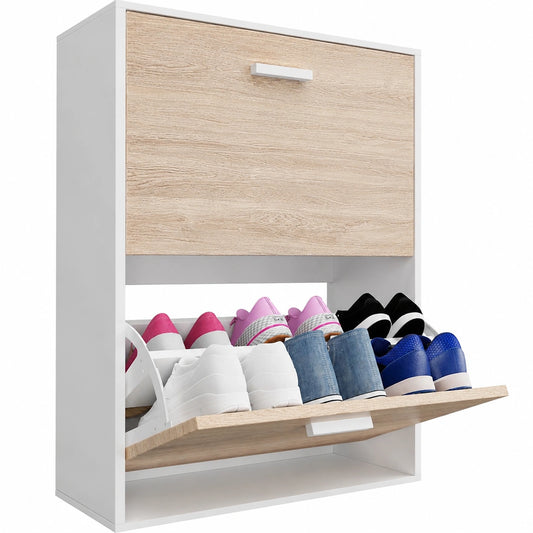 CASABEL Schuhschrank mit Platz für 12 Paar – Kompakte Aufbewahrungseinheit für Flur – 60 x 24 x 80 cm – Helles Holz und weißer Rahmen