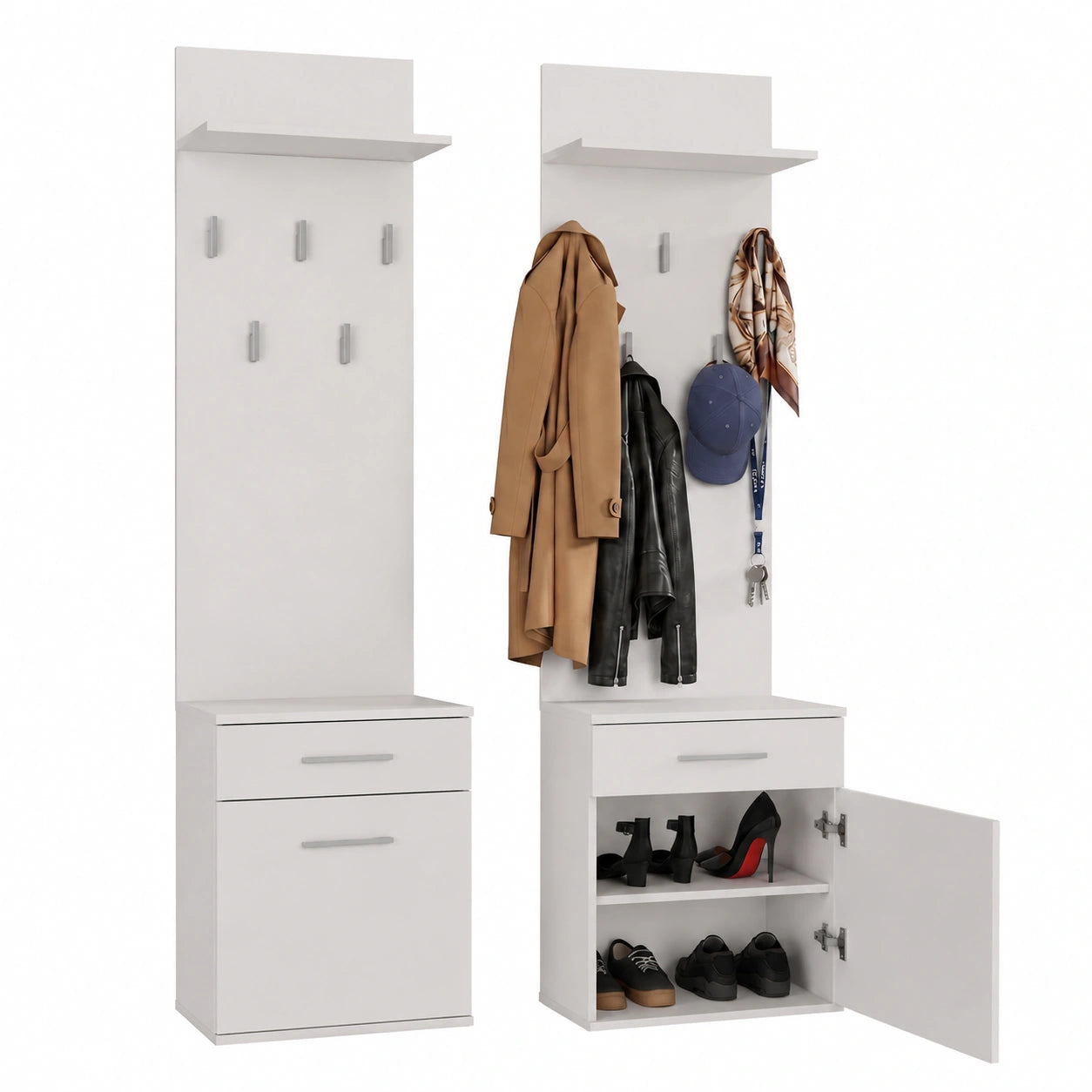 Garderobenset Duo mit Schuhschrank und Haken, Kompakte Flurgarderobe in Weiß