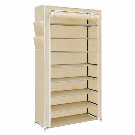 Relaxdays Schuhschrank mit 10 Ebenen, 161 cm Höhe, Stoffbezug, Reißverschluss, bis zu 45 Paar Schuhe, Beige