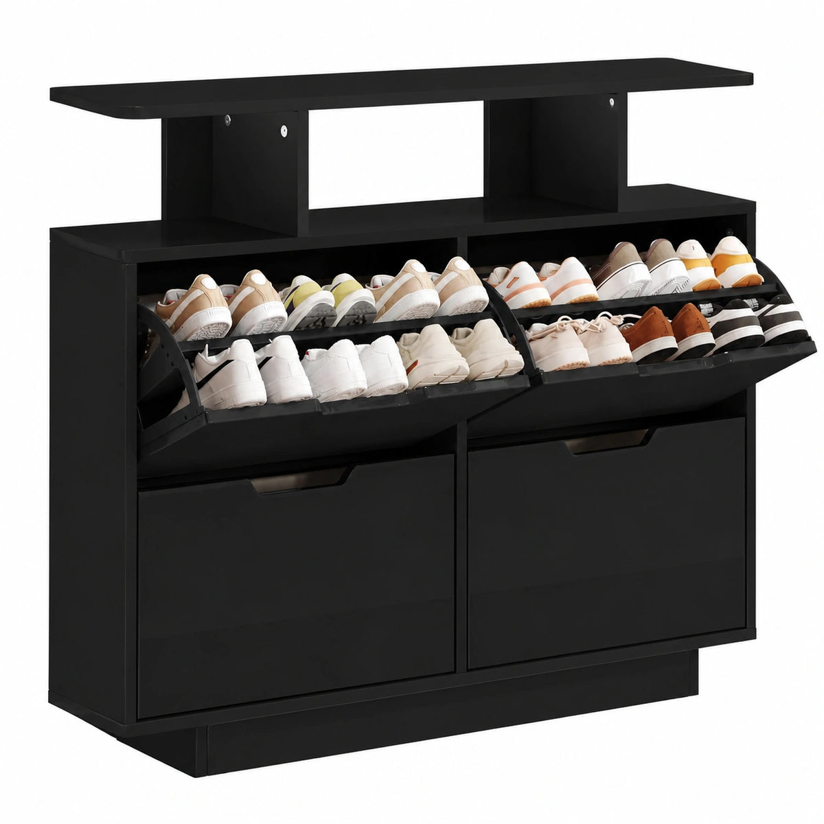 YITAHOME Schmaler Schuhschrank mit Hochglanz, 4 Klappen, Platz für 16-24 Schuhe, Schwarz, Verschiedene Fachhöhen, Platzsparend