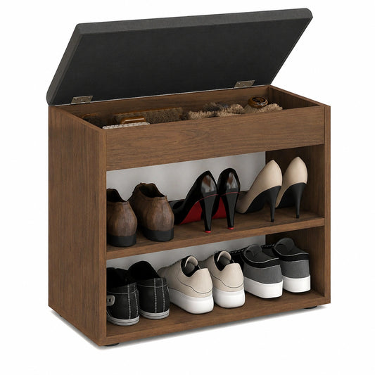 KOMTO Schuhbank mit Polsterung – Kompaktes Schuhregal aus Nussbaum, 60 x 48 x 32 cm, Sitzbank für Flur und Garderobe, Modell Sofia