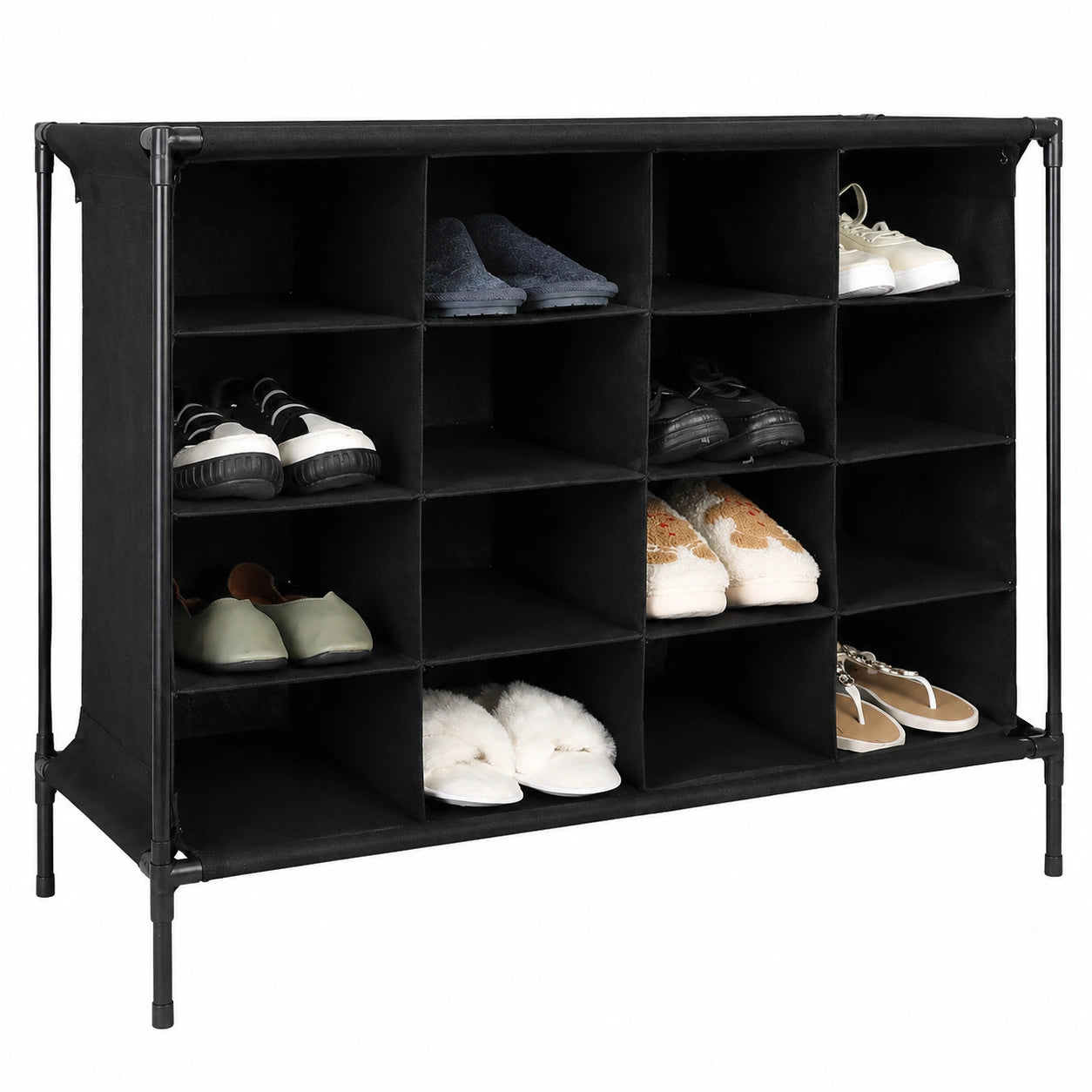 Praktisches Schuhregal für Camping, 16 Fächer, einfacher Aufbau, robuster Stoff, 65x84x36 cm, schwarz