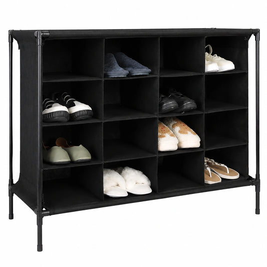 Praktisches Schuhregal für Camping, 16 Fächer, einfacher Aufbau, robuster Stoff, 65x84x36 cm, schwarz