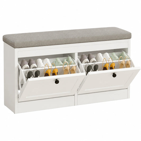 VOWNER Weißer Schuhschrank mit verstellbarer Sitzbank und 2 Klappen, 106 x 31 x 52 cm