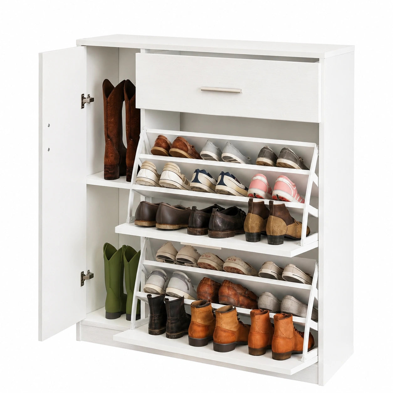 Eleganter Schuhschrank aus Holz, Weiß, mit Klappen, Türen und Schubladen
