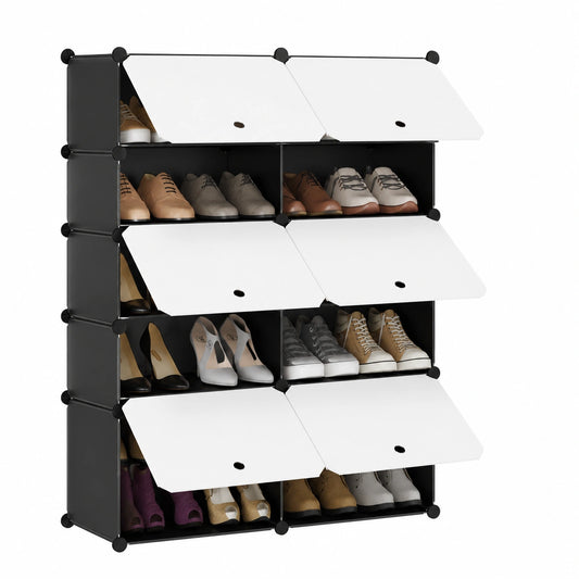 Modulares WOLTU Schuhregal mit 6 Fächern, Aufbewahrung für 24 Paar Schuhe, Schuhschrank mit Türen in Weiß und Schwarz