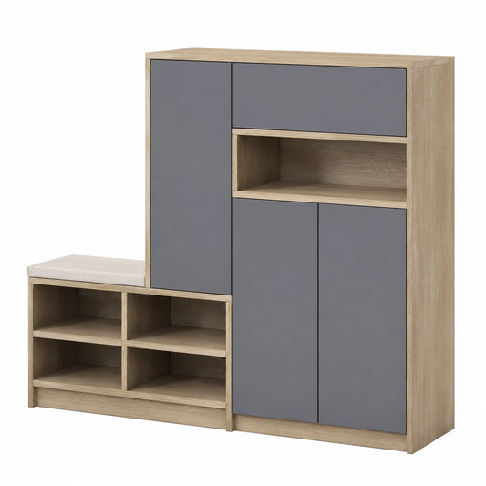 Moderner Schuhschrank mit Sitzfläche und verstellbaren Regalen, Grauer Flurkommode mit 3 Türen und Schubladen, 140x35x110 cm