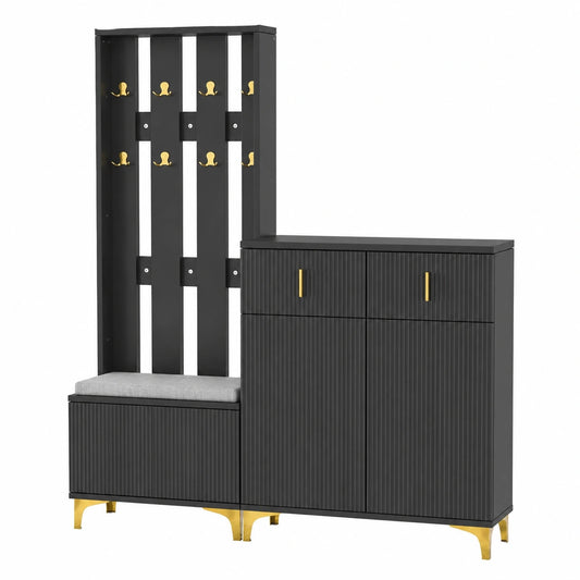 sogesfurniture Flur-Garderobenset mit Schuhbank, 8 Haken und großem Schuhschrank, Schwarz