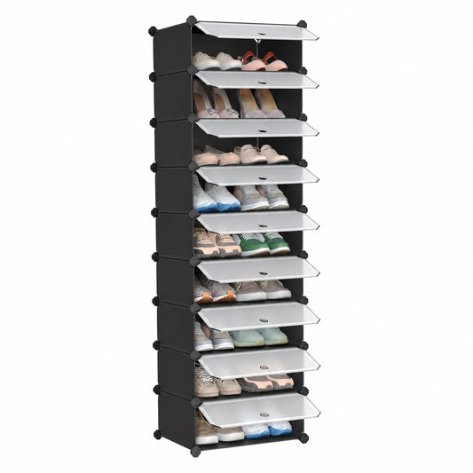 Modulares Schuhregal mit Türen, 10 Ebenen, 2er Set, Schwarz, aus Kunststoff