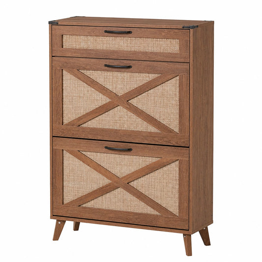Moderner Schuhschrank mit Rattan-Klappfächern für 16-20 Paar Schuhe, Boho-Design, Teefarben