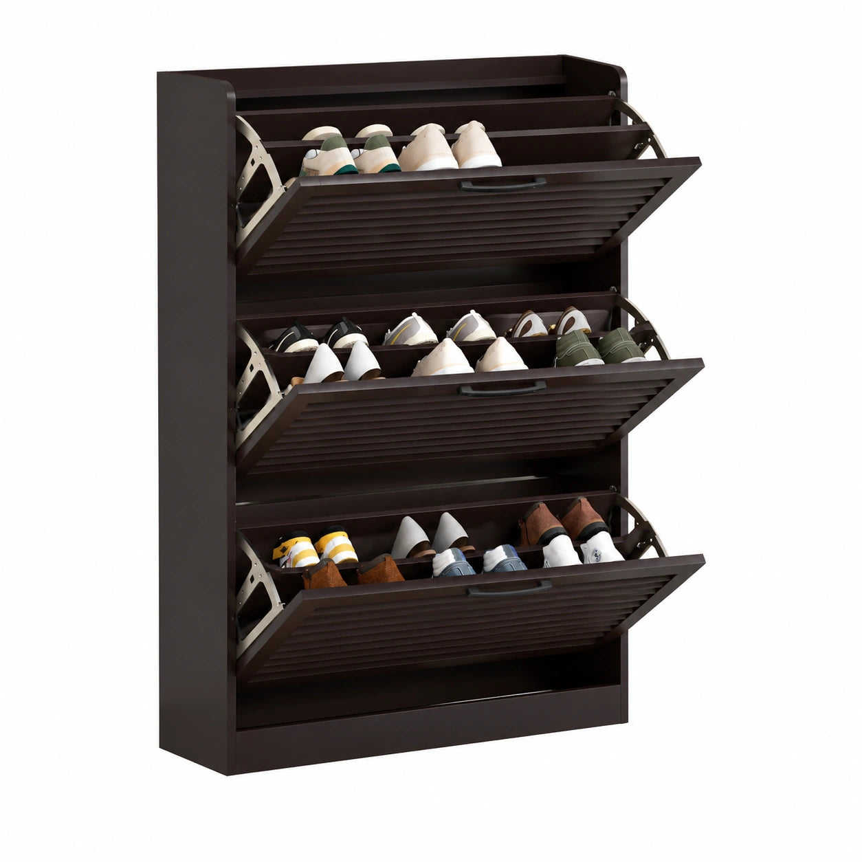 Schmaler Schuhschrank mit Lamellentür, 3 Klappen und 6 verstellbaren Ablagen, Kaffee, 80x24x120 cm